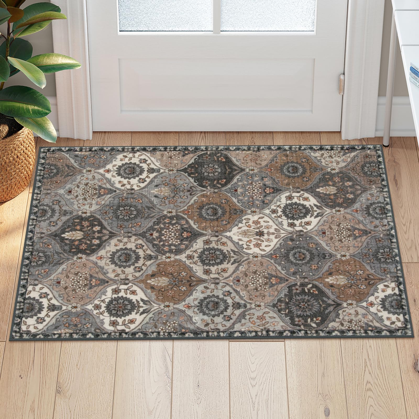 2x4 Moroccan Trellis Rug Washable Non-Slip Grey Small Entryway