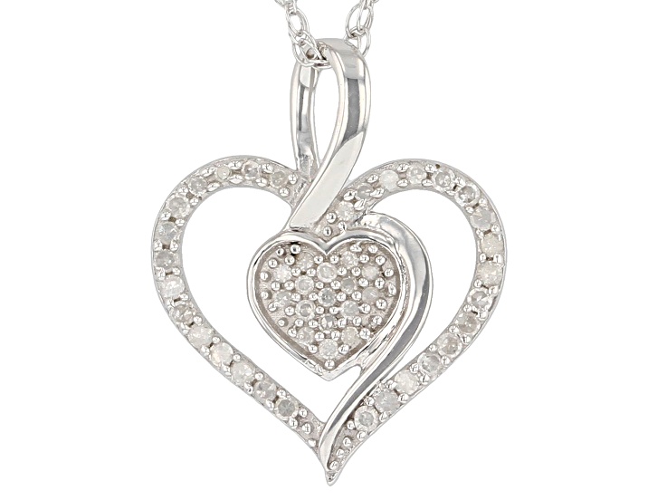 White Diamond Rhodium Over Sterling Silver Cluster Heart Pendant