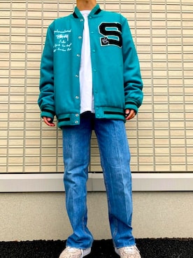 STUSSYのスタジャン（グリーン系）を使った人気ファッション