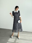 LEJA】花柄レースカラースパンコール刺繍Aラインフレアドレス