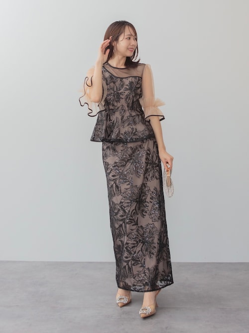 LEJA】アシンメトリーシアーフラワースパンコールフリルチュール