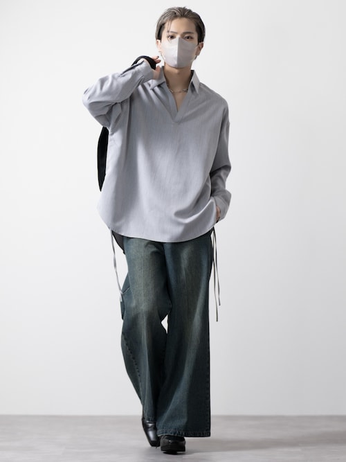 CLEL】Herringbone TR Side Lace Skipper Shirt /ヘリンボーンTRサイド