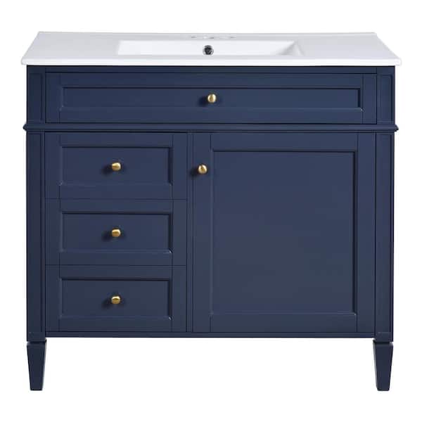 Virubi 36 in. W Single Sink Bath Vanity in Navy Blue with White