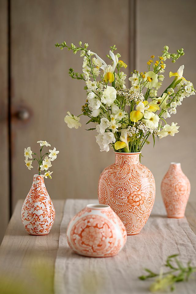 Orange Floral Chinoiserie Low Vase | AnthroHome