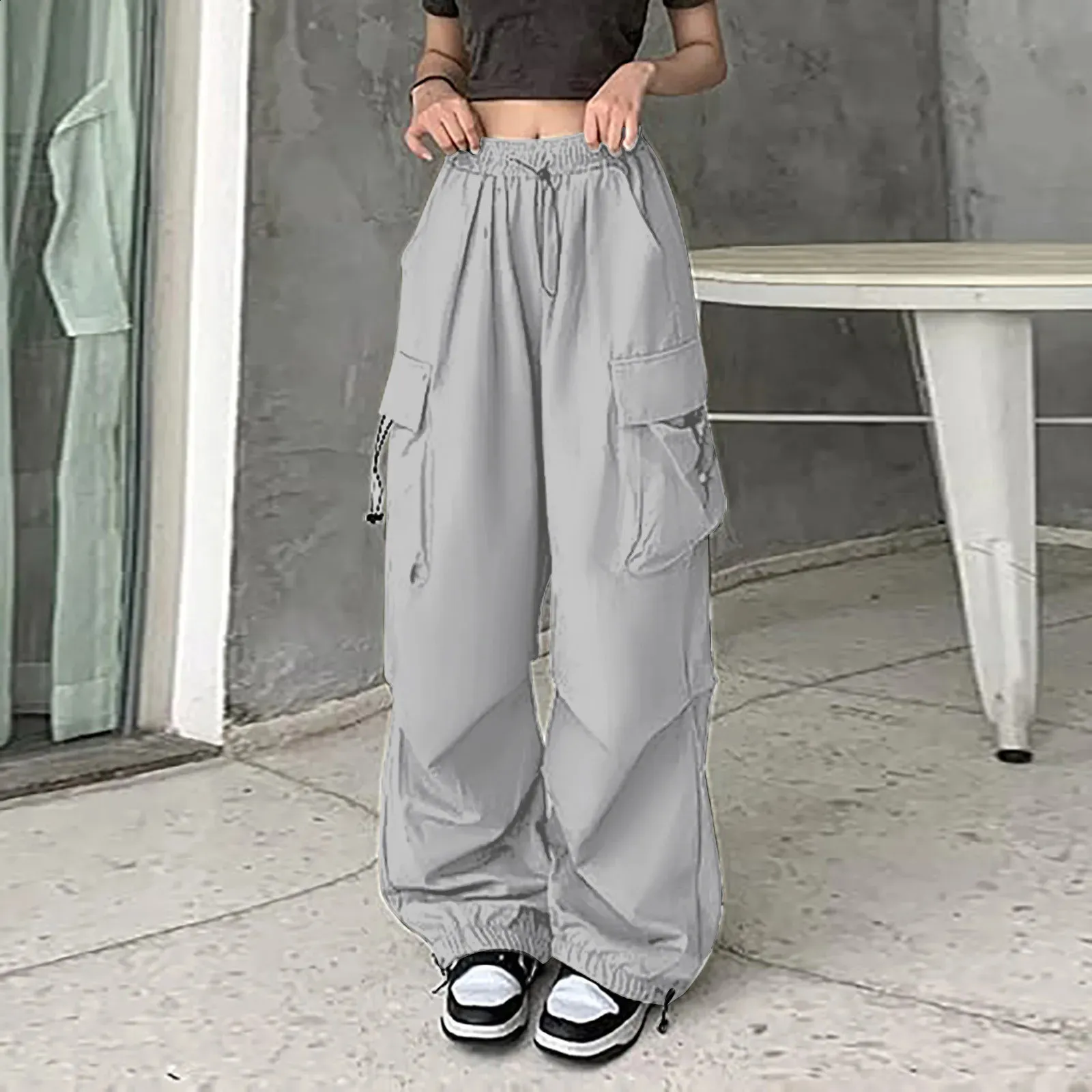 Womens Loose Fit Cargo Trousers High Waist Streetwear Hip Hop