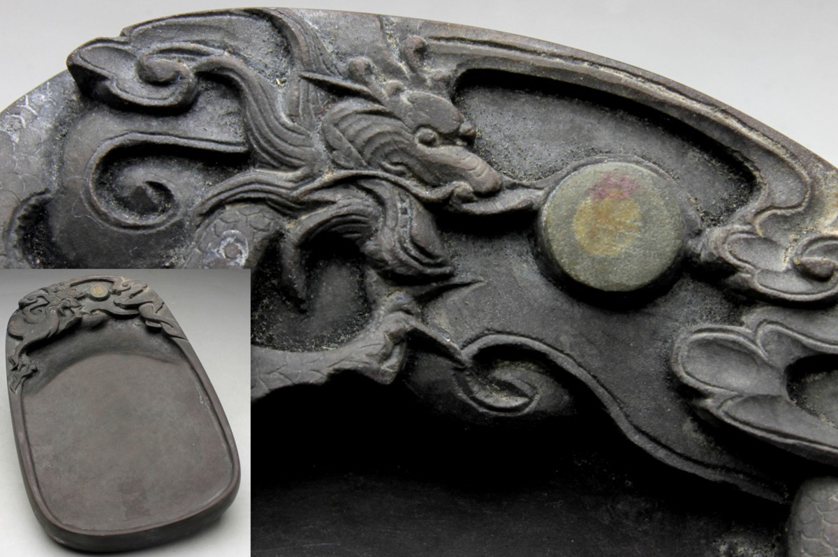 ♥中国 端渓 硯 双龍蝙蝠紋 大型 5.7kg 端渓硯 骨董品 ♥中国端渓硯