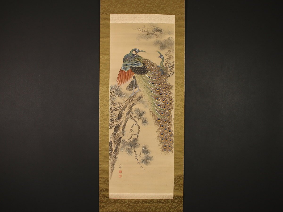 渡辺崋山「孔雀」掛軸 紙本 識箱 二重箱：江戸時代後期 【公式通販】