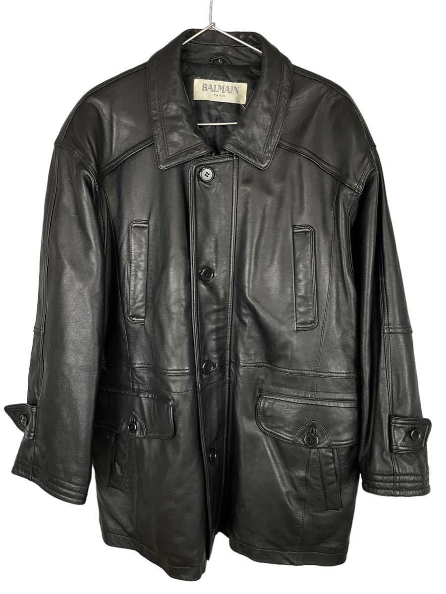 美品 BALMAIN ラムレザー 金ボタン 裏地 総柄 ロゴ ジャケット 9号