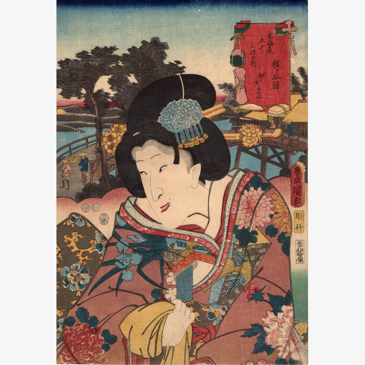 歌川国貞【雪のあした】☆三枚続 浮世絵 錦絵 美人画 木版画 藍摺 摺物