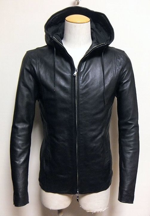 極上:HARE.ラムレザー フード付 シングルライダースジャケット黒L(高級