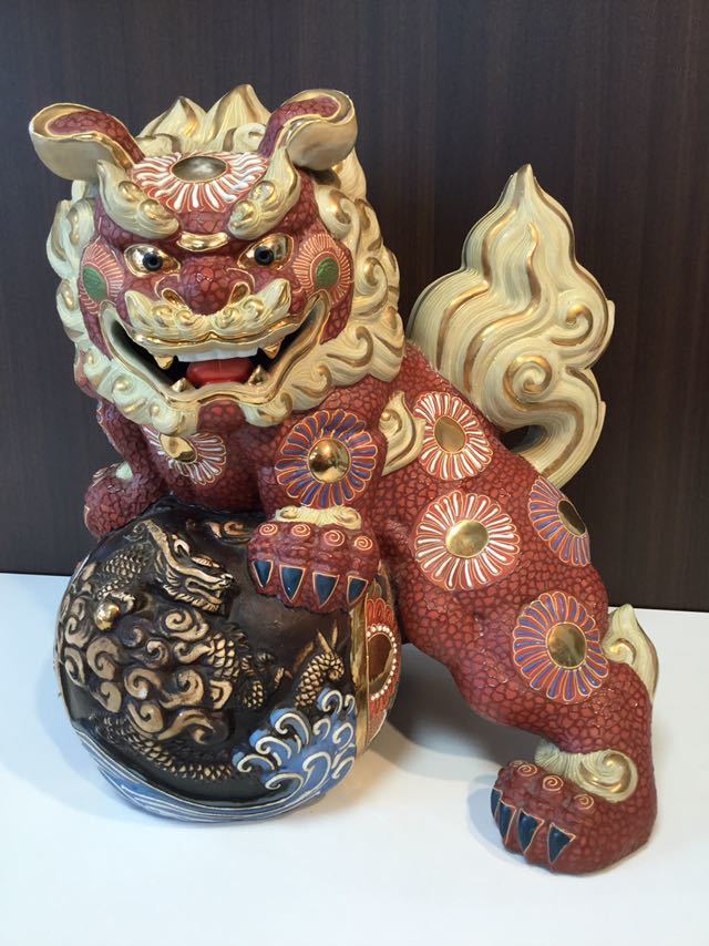 九谷焼 獅子 小鼓乗り シーサー 狛犬 陶芸品 美品 九谷焼 シーサー