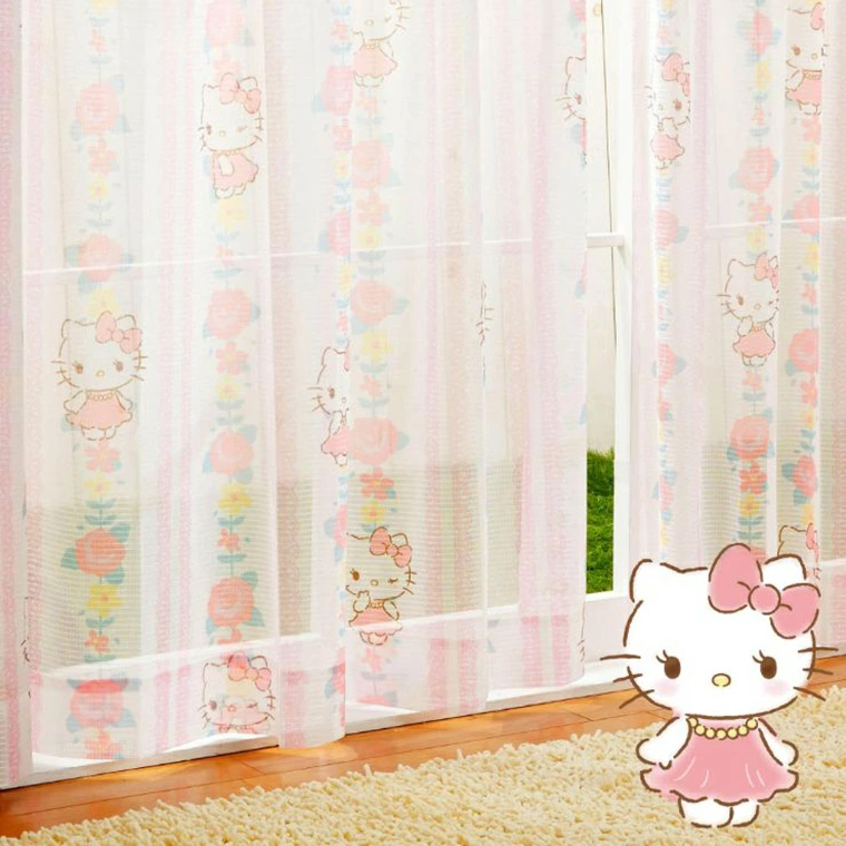 レースカーテン 2枚組 100×176cm キティ 花柄 レース ピンク 洗える 外