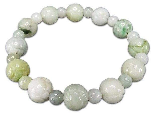 ひすい本翡翠蓮の花彫刻円玉約10mm天然石数珠ブレスレット - 【石街