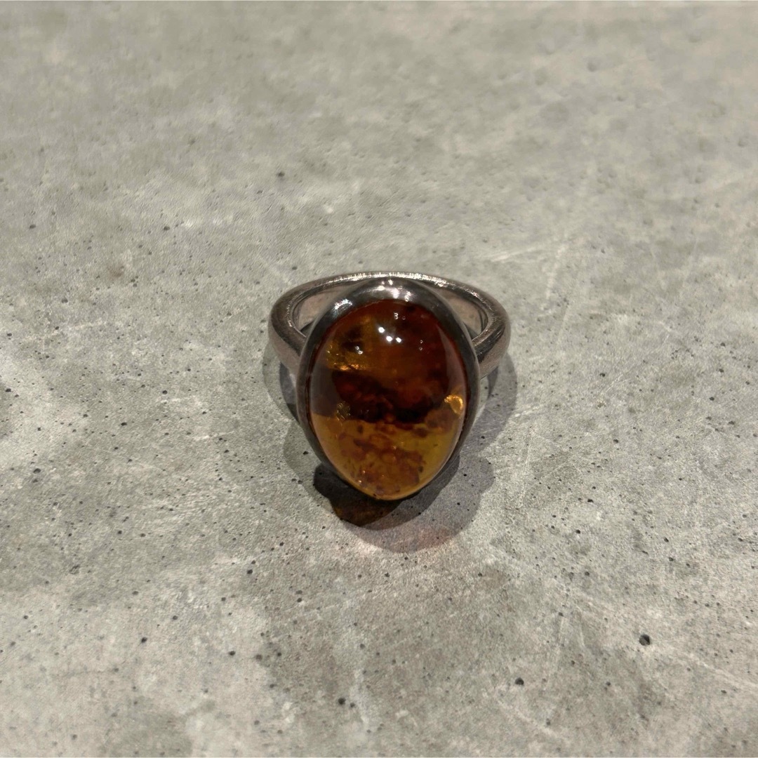 VINTAGE ヴィンテージシルバー925 ビッグ琥珀デザインリング/アクセの