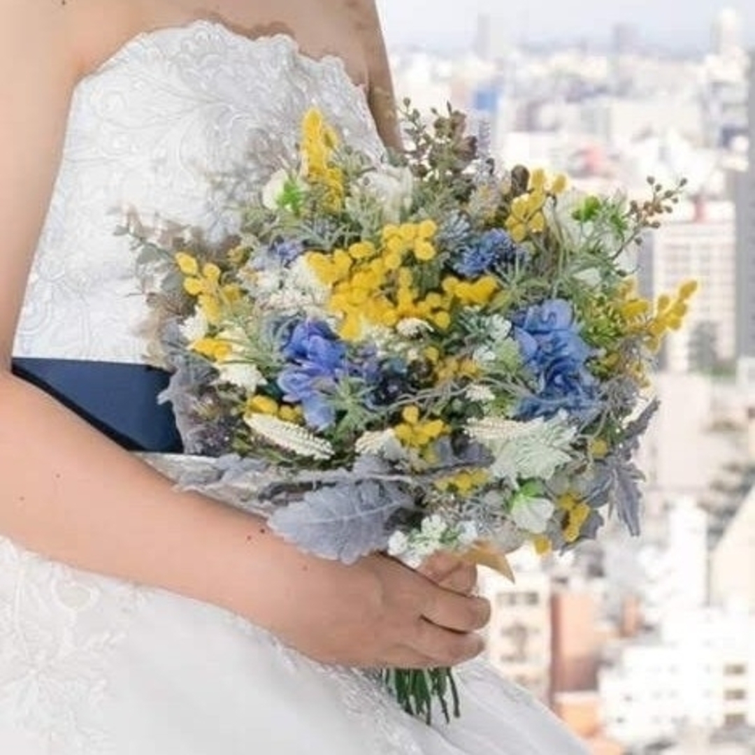 ウェディングブーケ&ブートニア ミモザ他 黄・青系 造花 結婚式 前撮り
