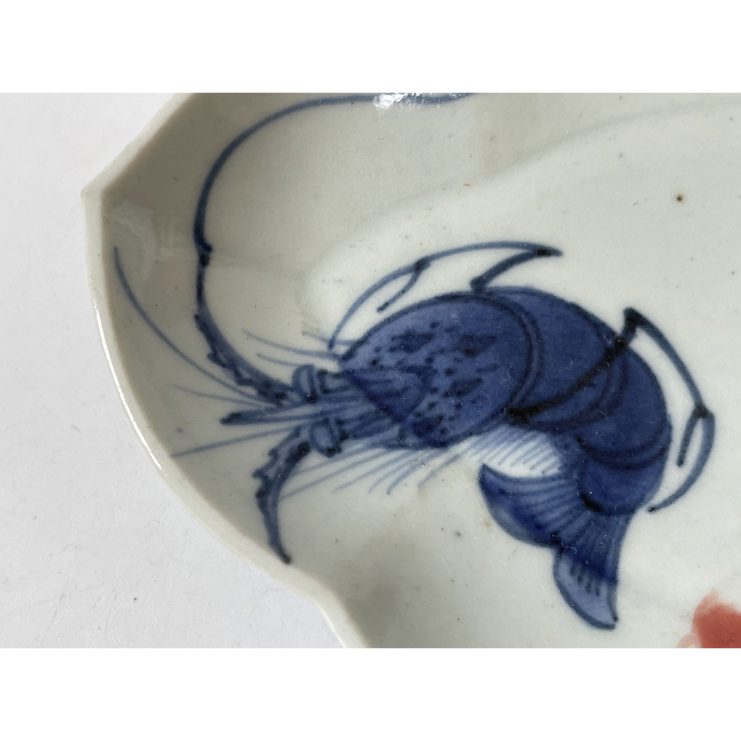 骨董 アンティーク 色絵古九谷 古伊万里 染付 赤絵 海老文様 変形皿 木瓜皿