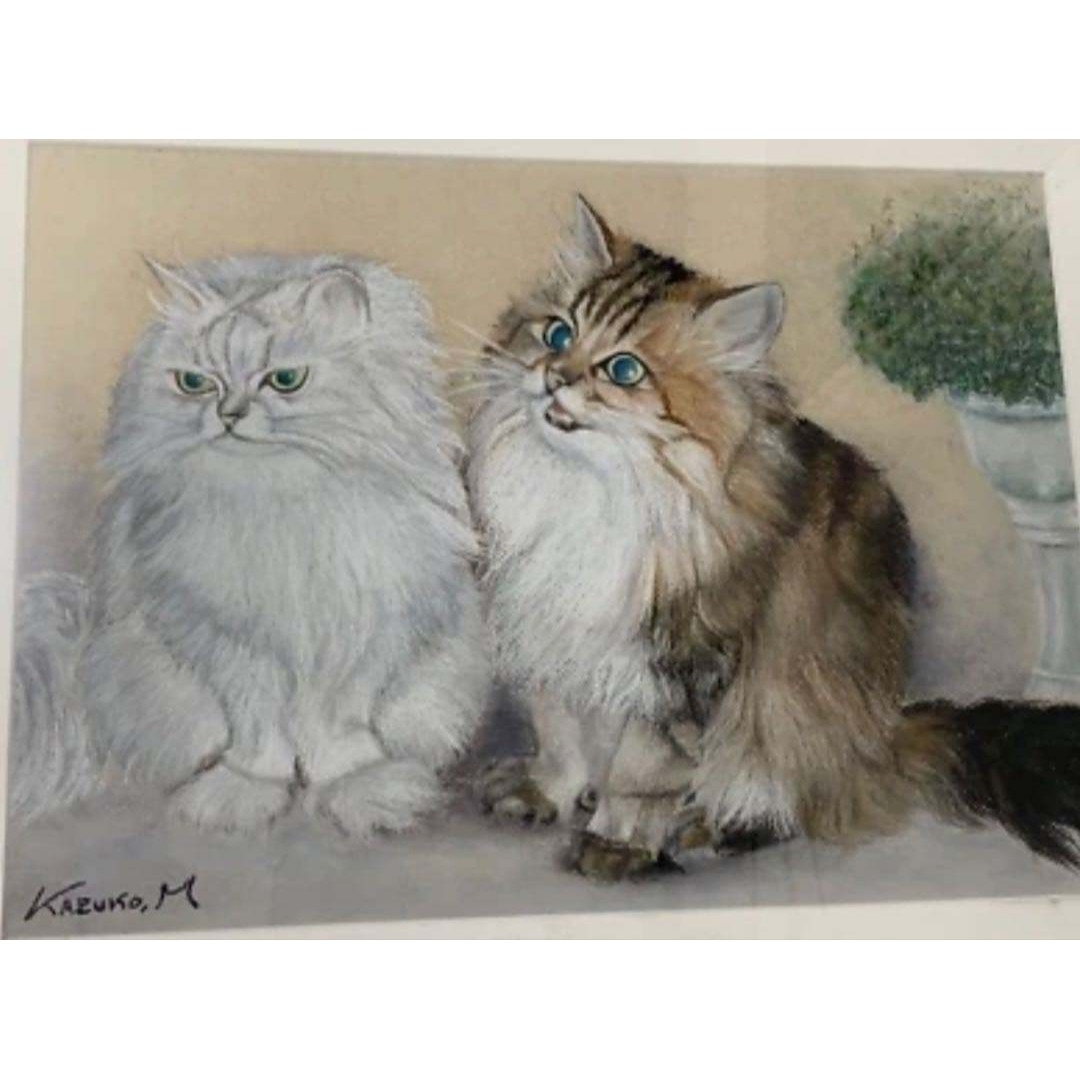 額装美術品】町田和子 猫 絵画 パステル画 サイン入り 1988作品 「求愛」