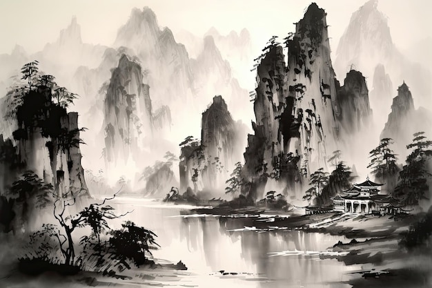 山と川を描いた伝統的な中国風の水墨画の風景画 静けさを呼び起こす