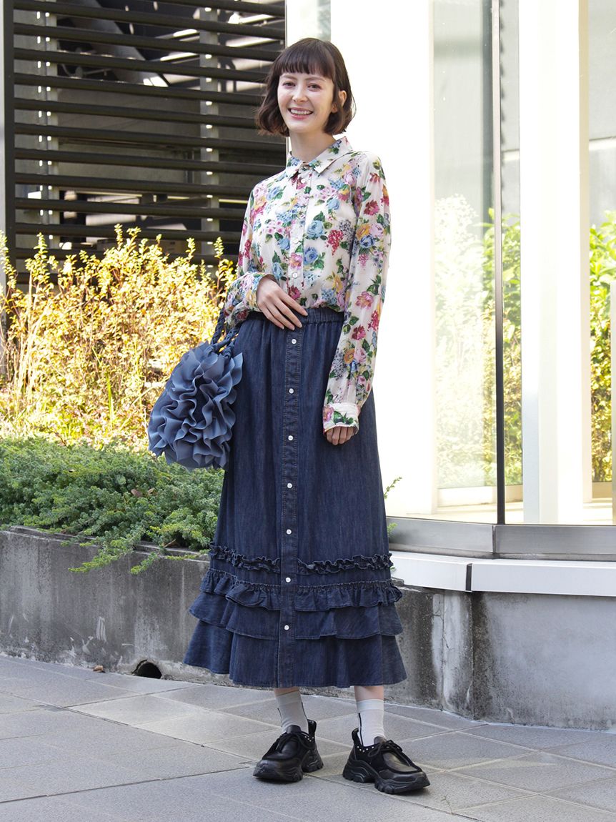 ライトオンスデニム フレアギャザーフリルスカート（フレアスカート