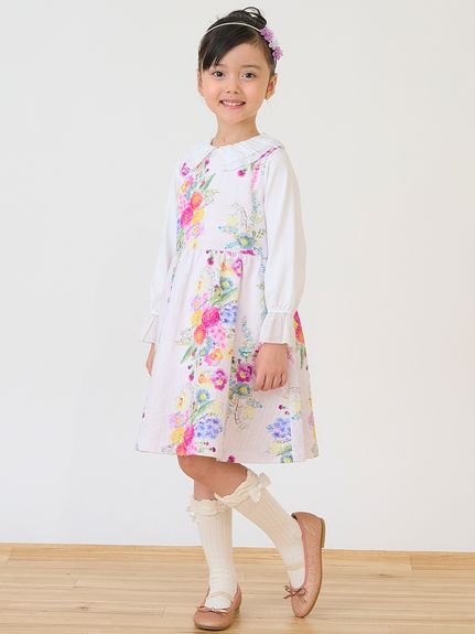 ストライプフラワープリントジャンパースカート（ジャンスカ・サス付