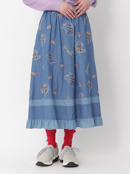 ライトオンスデニム ローズスケッチ刺繍スカート(裏地無し)（ロング