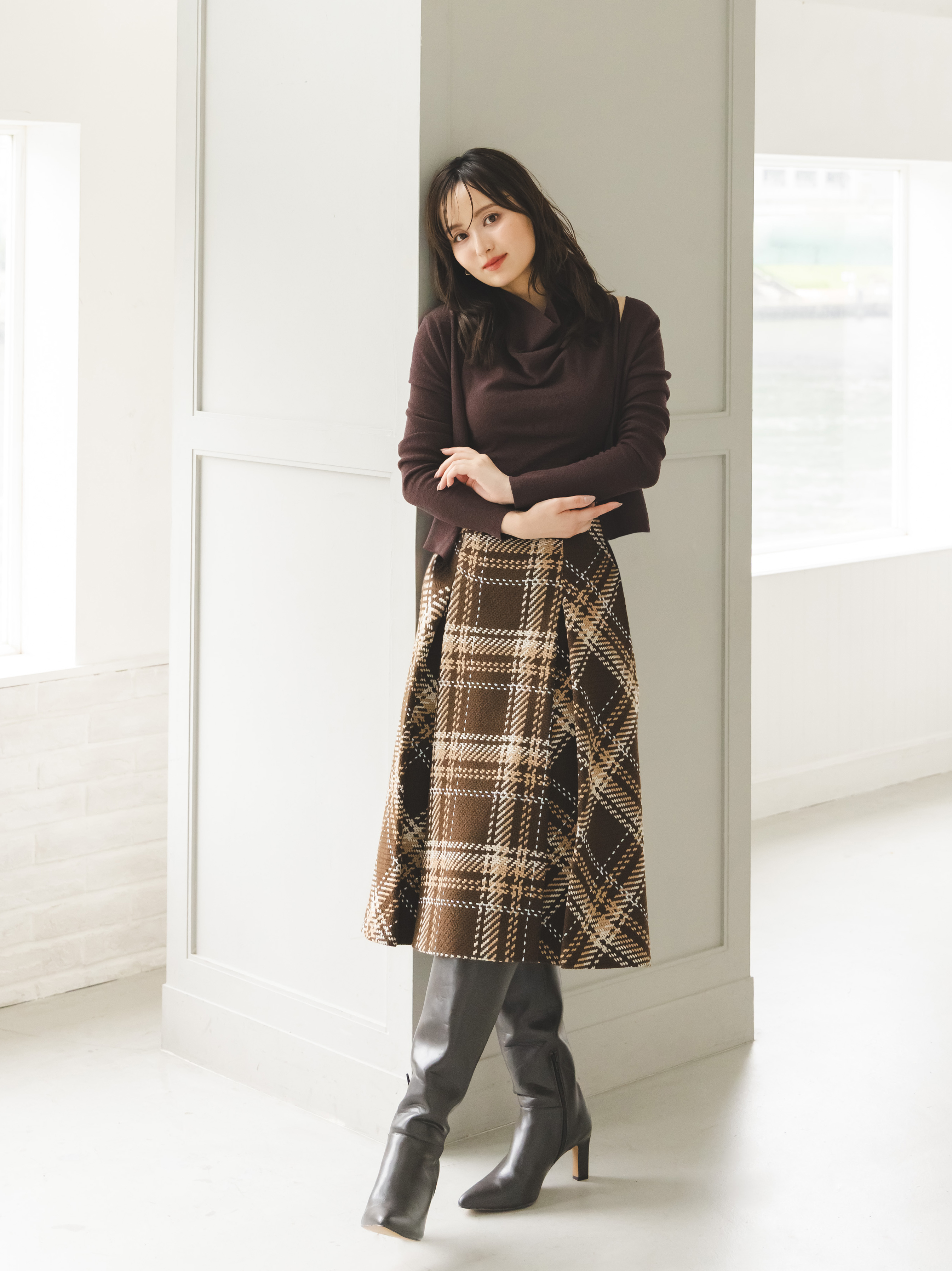 Sustainableロービングチェックミドルスカート(ロングスカート