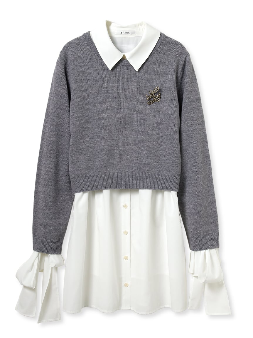 ニットセットブローチ付きミニシャツワンピース(ミニワンピース