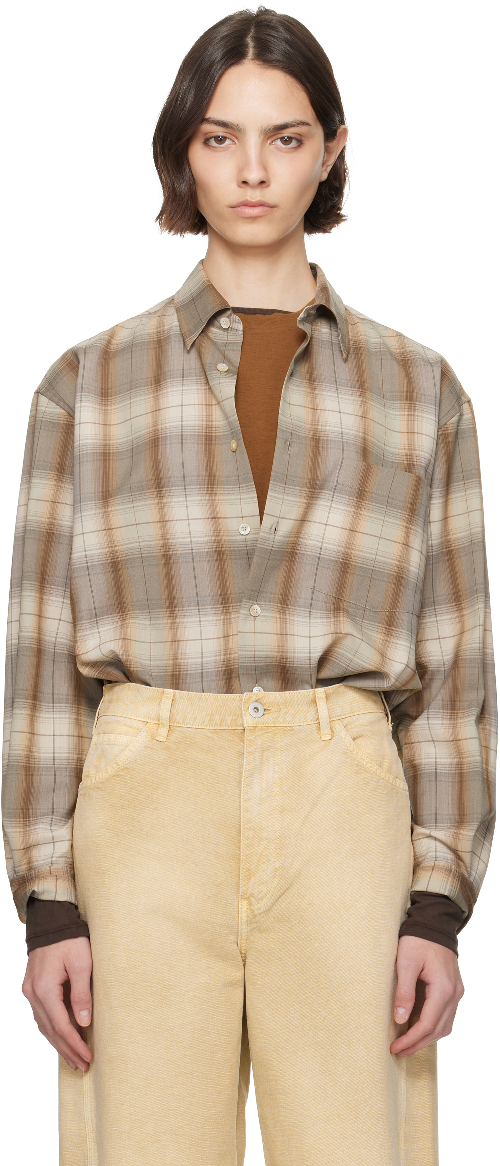 AURALEE: Brown & Gray Super Light Wool Check Shirt | SSENSE