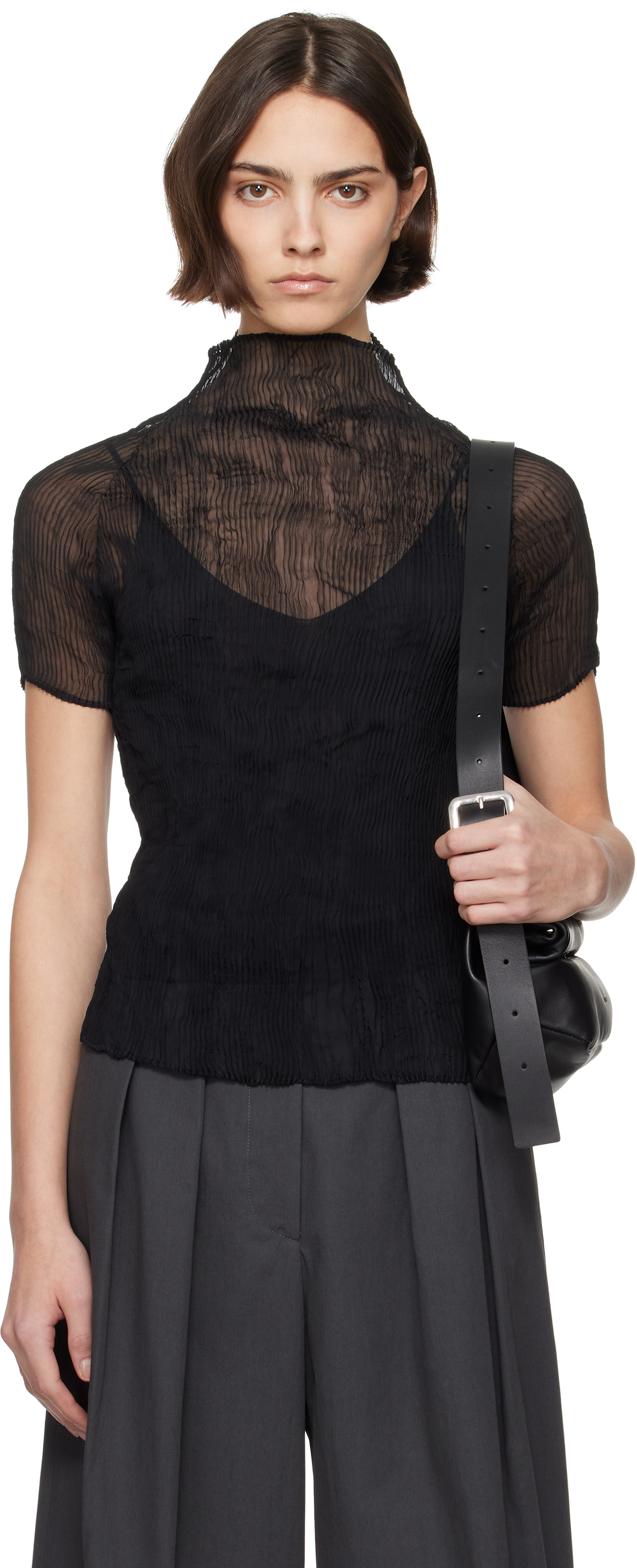 ISSEY MIYAKE: Black Chiffon Twist BK/WT-56 Turtleneck | SSENSE