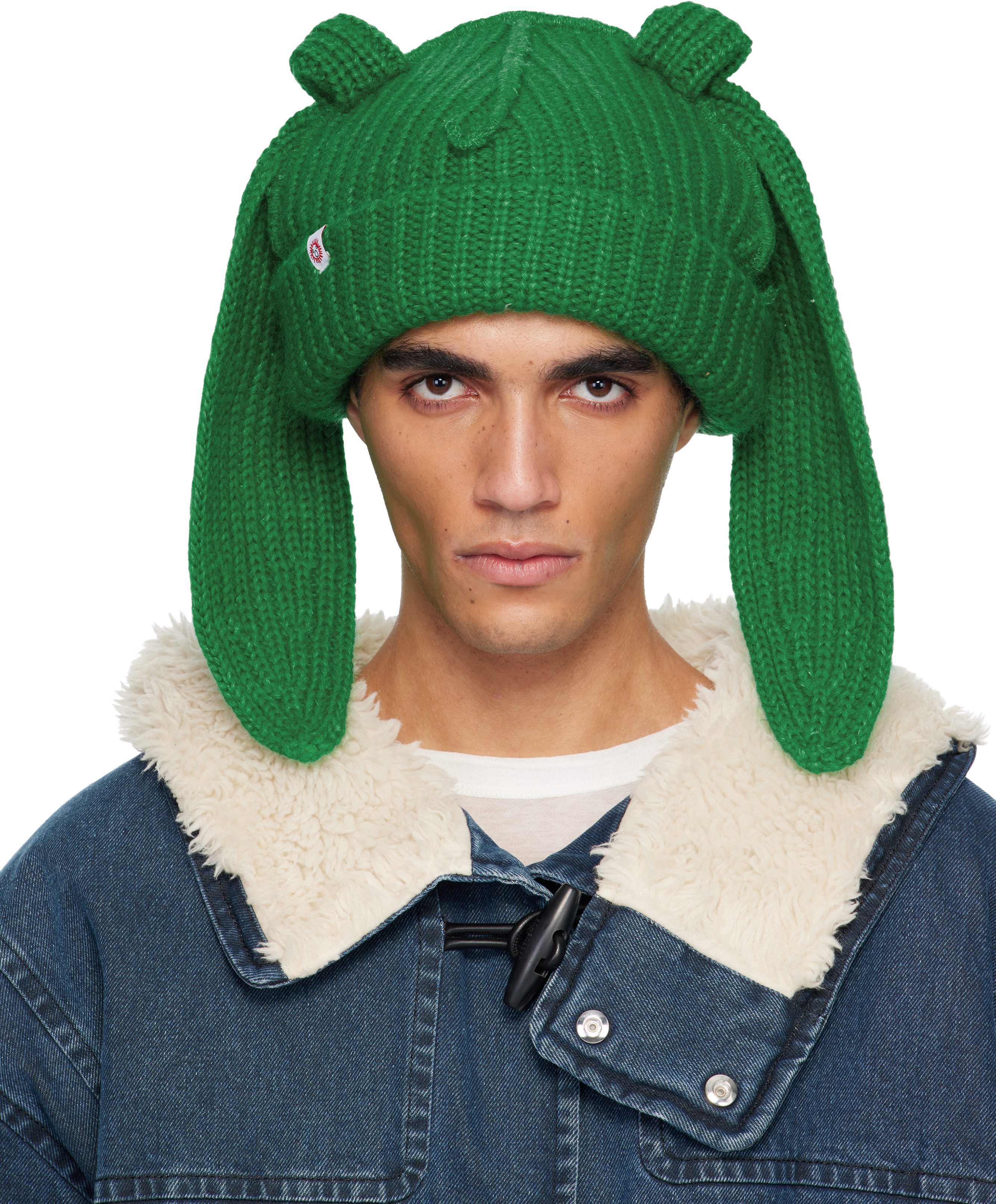Green Mohair Chunky Rabbit Beanie by Charles Jeffrey LOVERBOY on Sale
