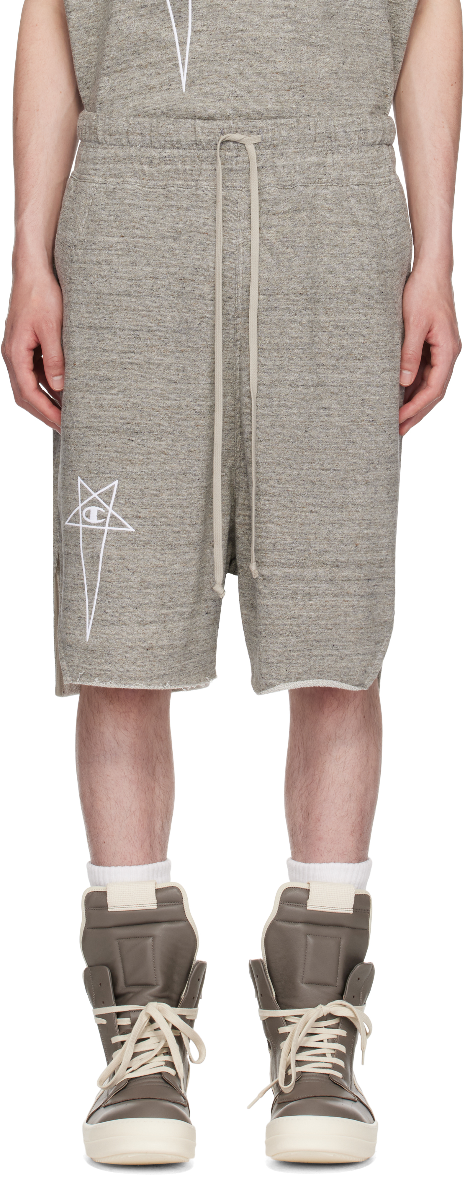 Gray Champion Edition Beveled Pods Shorts by Rick Owens on Sale