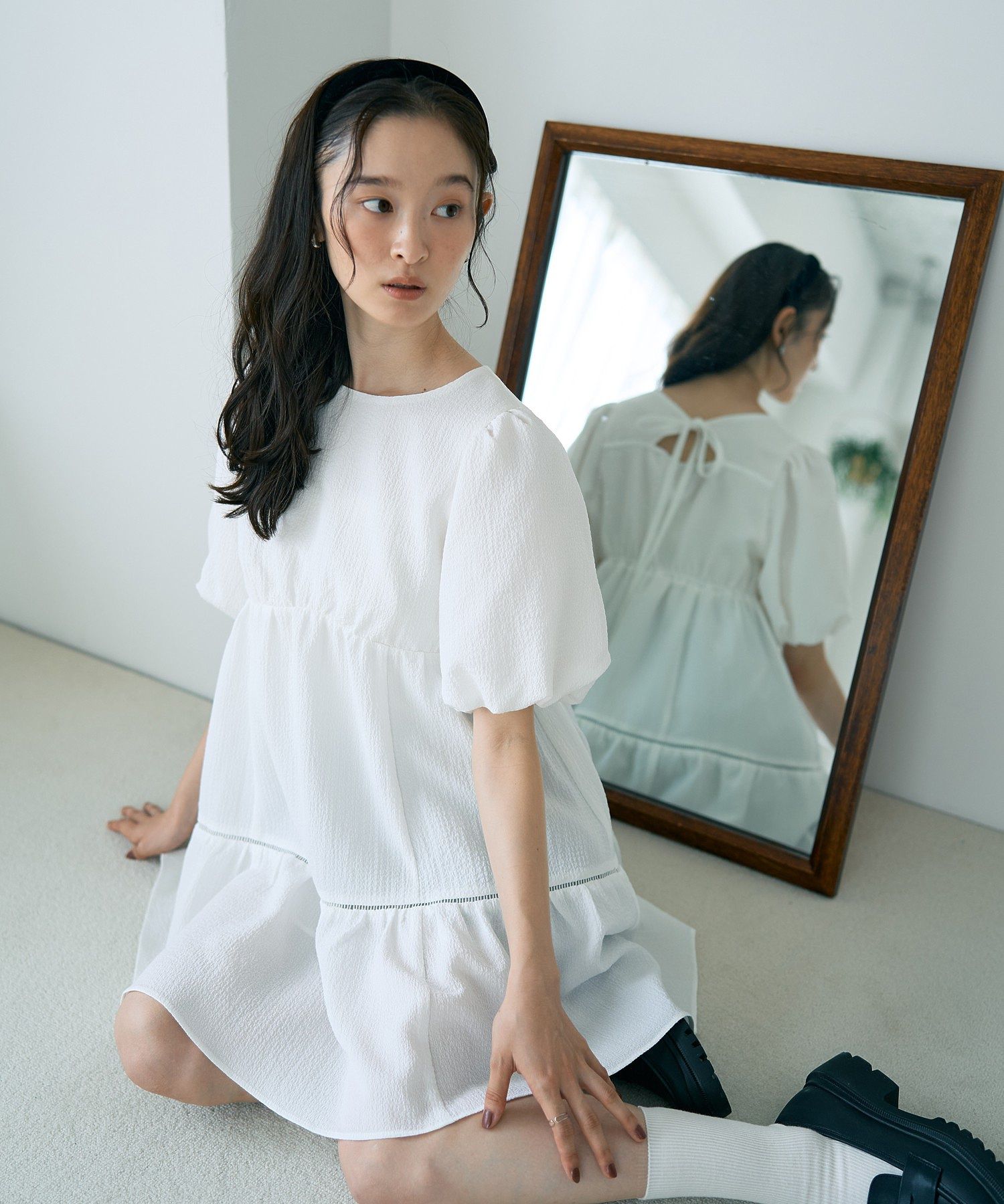 バックリボンパフスリーブミニワンピース/earth music&ecology（アース