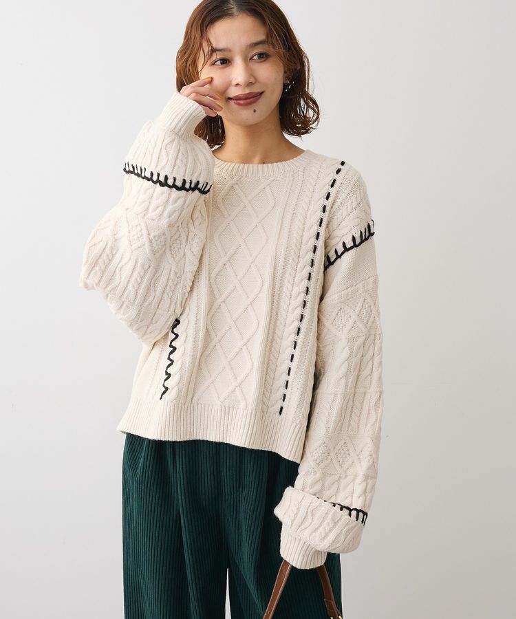 ELENCARE DUE ハンドステッチケーブルニット/Green Parks（グリーン