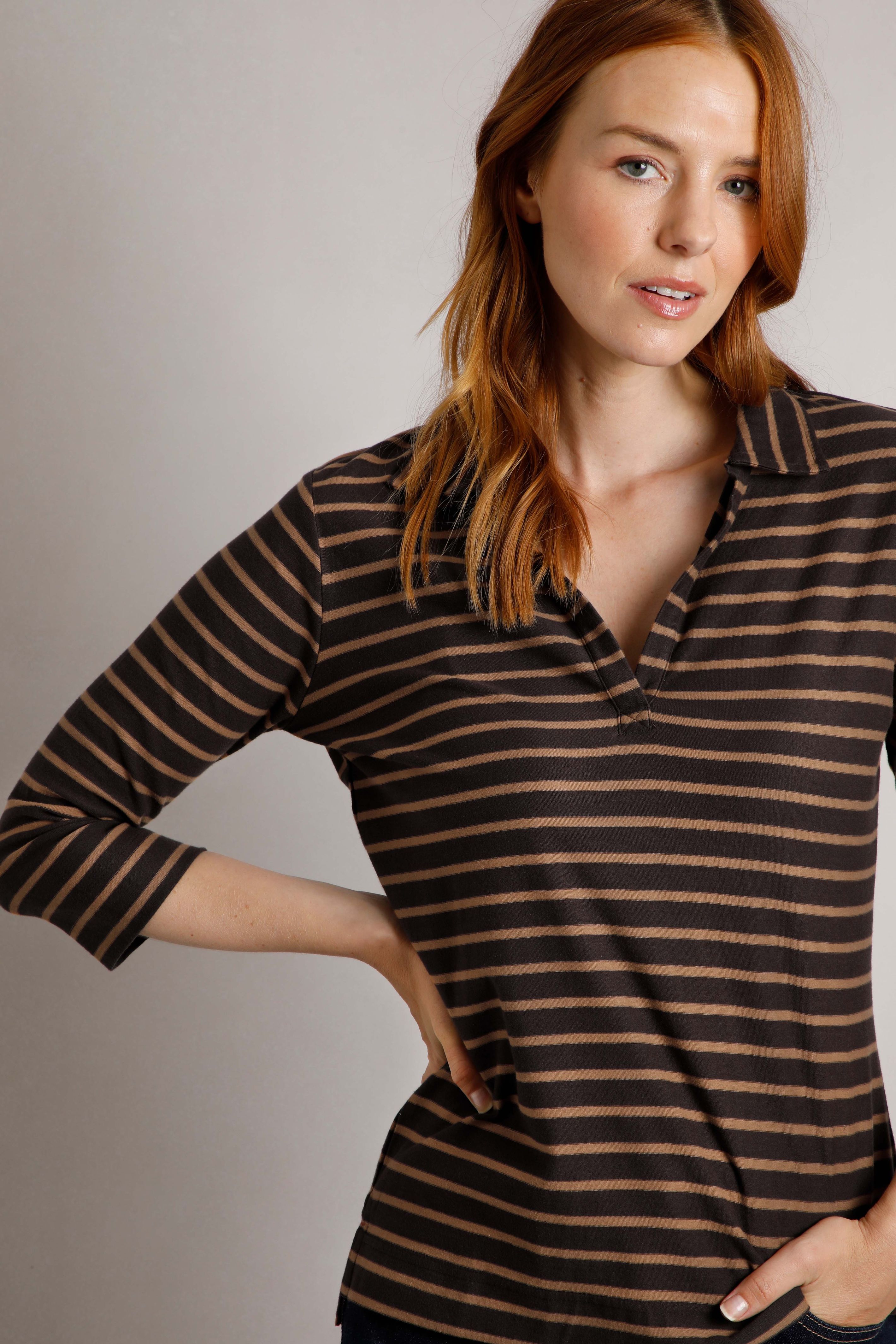 Rhianna Organic Cotton Striped Jersey Shirt Chocolate | Weird Fish