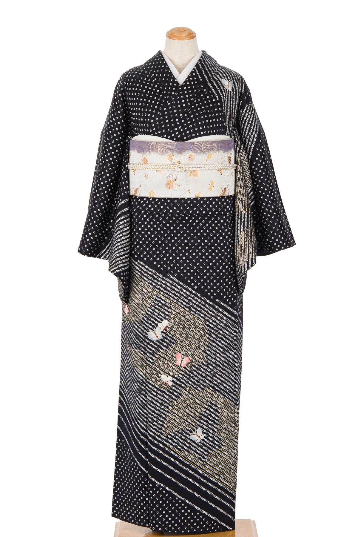 総絞り 訪問着 蝶々刺繍 - からん::アンティーク着物・リサイクル着物