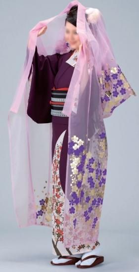 かつぎ（かけ仕立）桜 ピンク 被衣 - 舞踊衣装、和装小物、舞台用品