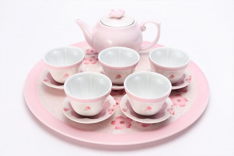 田清窯 薄ピンク釉虹彩桜 茶器セット(プレート付)