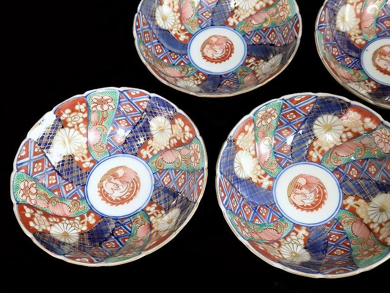 大聖寺伊万里 金襴手 奇玉宝鼎之珍 壽文捻り菊皿 六