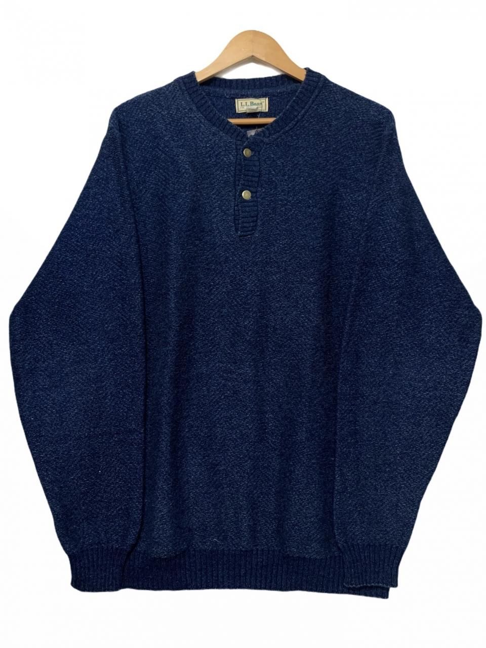 USA製 80s L.L.Bean Henry Neck Indigo Cotton Knit 青 L-LONG