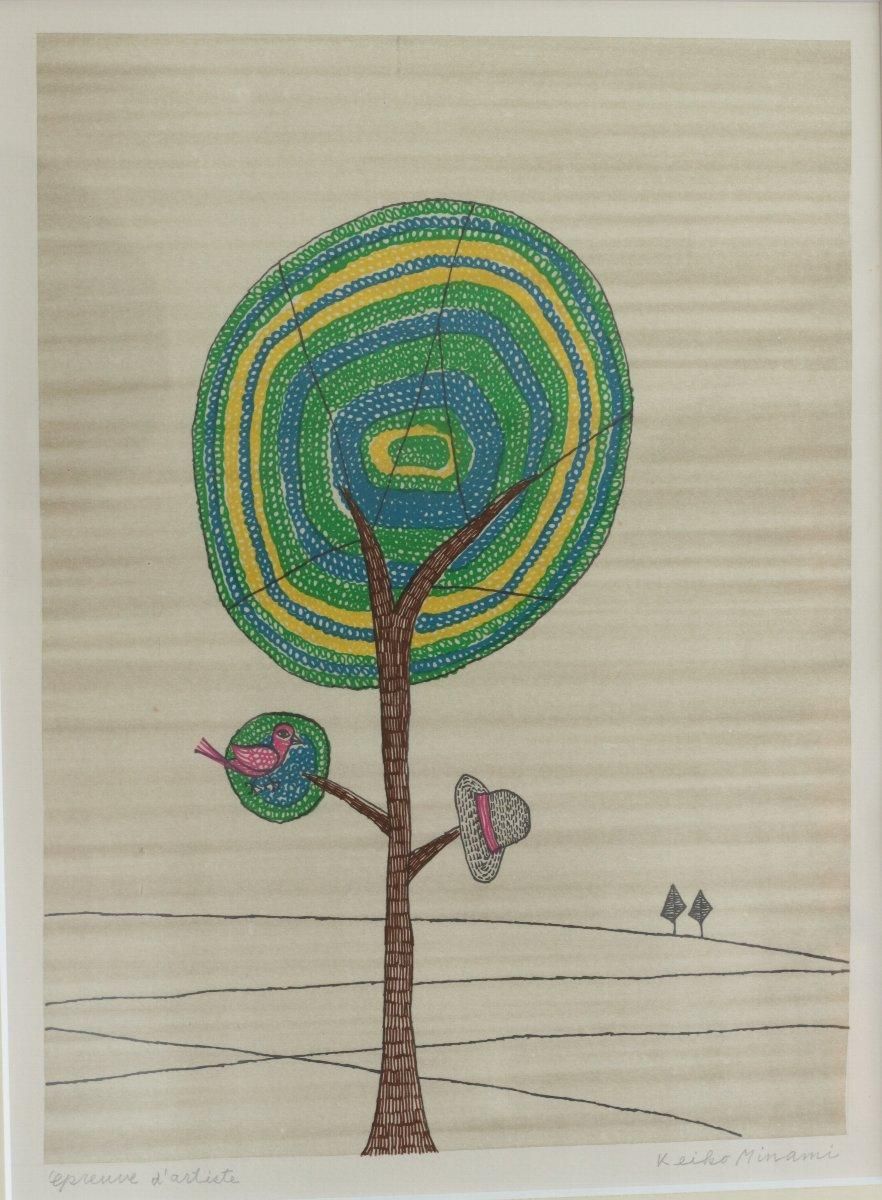 銅版画 南桂子 鳥と帽子と木 商品番号726- 絵のある暮らし・絵になる