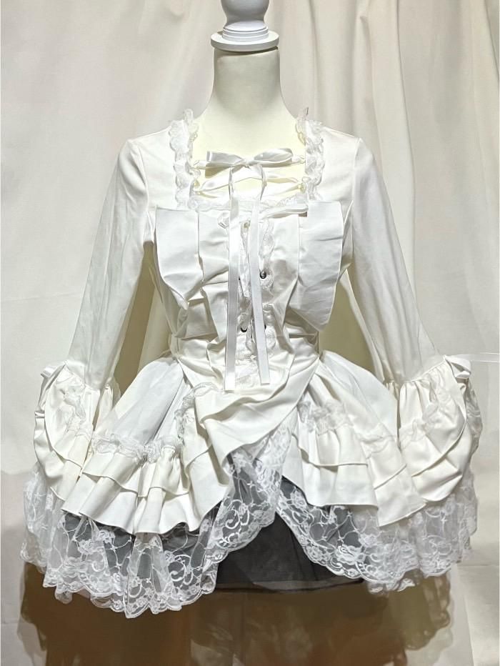 編み上げ総フリルドレスワンピース:白×白レース - MARBLE ~online shop~