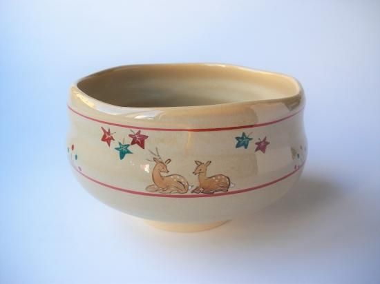 赤膚焼 奈良絵 鹿に紅葉茶碗 (紙箱)大塩昭山窯 - 茶道具販売 栗林園
