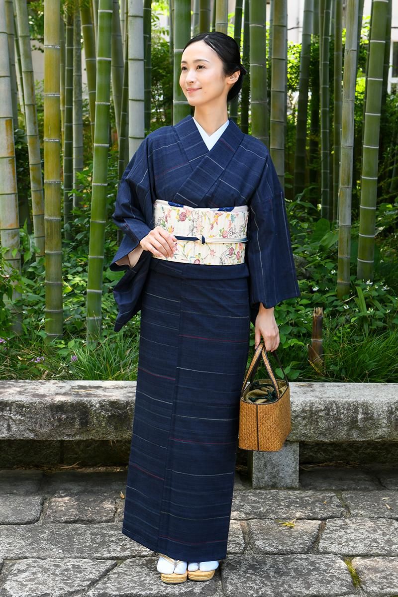 銀座【着物4624】郡上紬 藍色 横段（反端付）:身丈165/裄67.5 - 銀座