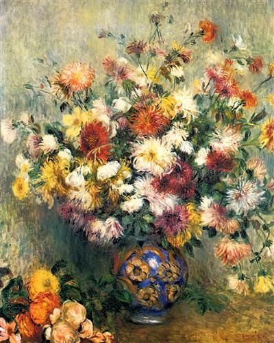 ルノワール【花瓶の黄金の菊】 - 手描き 絵画（油絵複製画）販売の