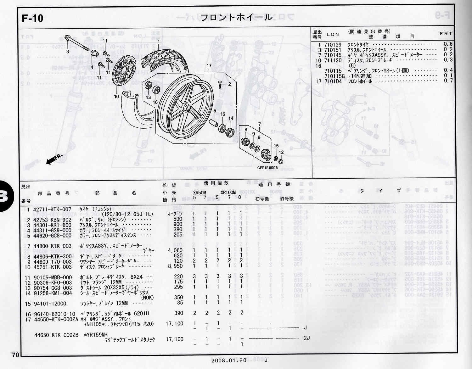 XR100/50モタード ホンダ純正部品 ブロックNo.F-10 フロントホイール