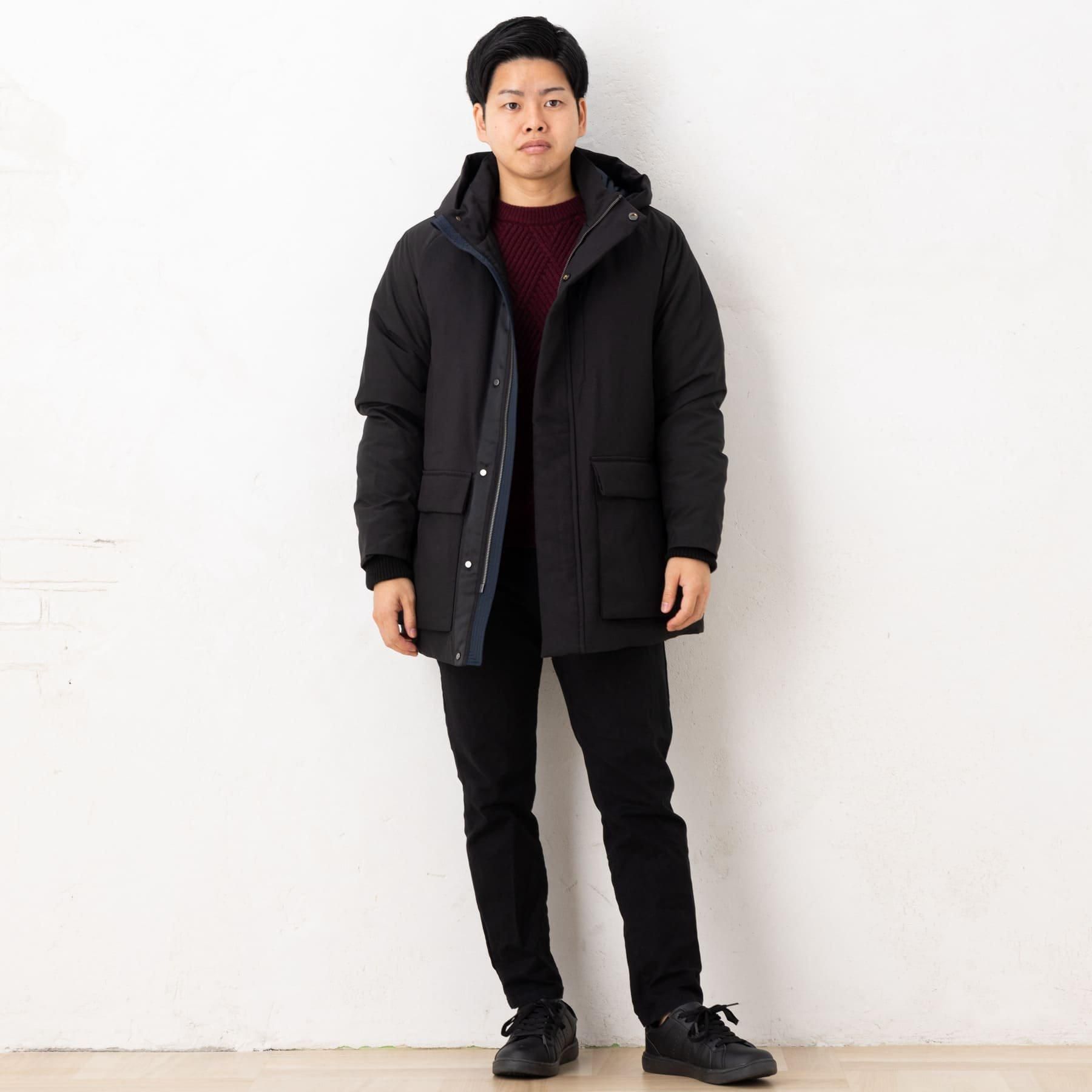 小柄・低身長な男性のためのフード付きダウンコート(ブラック・XS