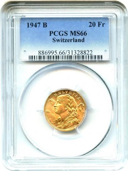 スイス 1947B 20フラン ブレネリ アルプスと少女 金貨 NGC MS66