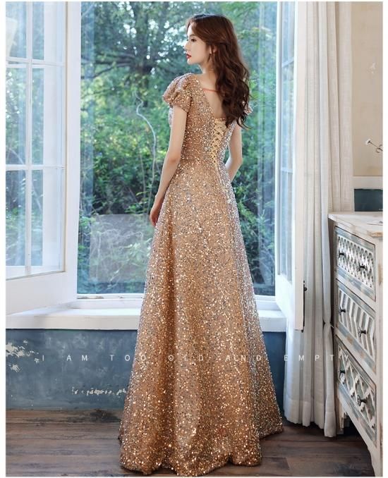 パーティーロングスパンコールワンピースドレス シャンパンゴールド