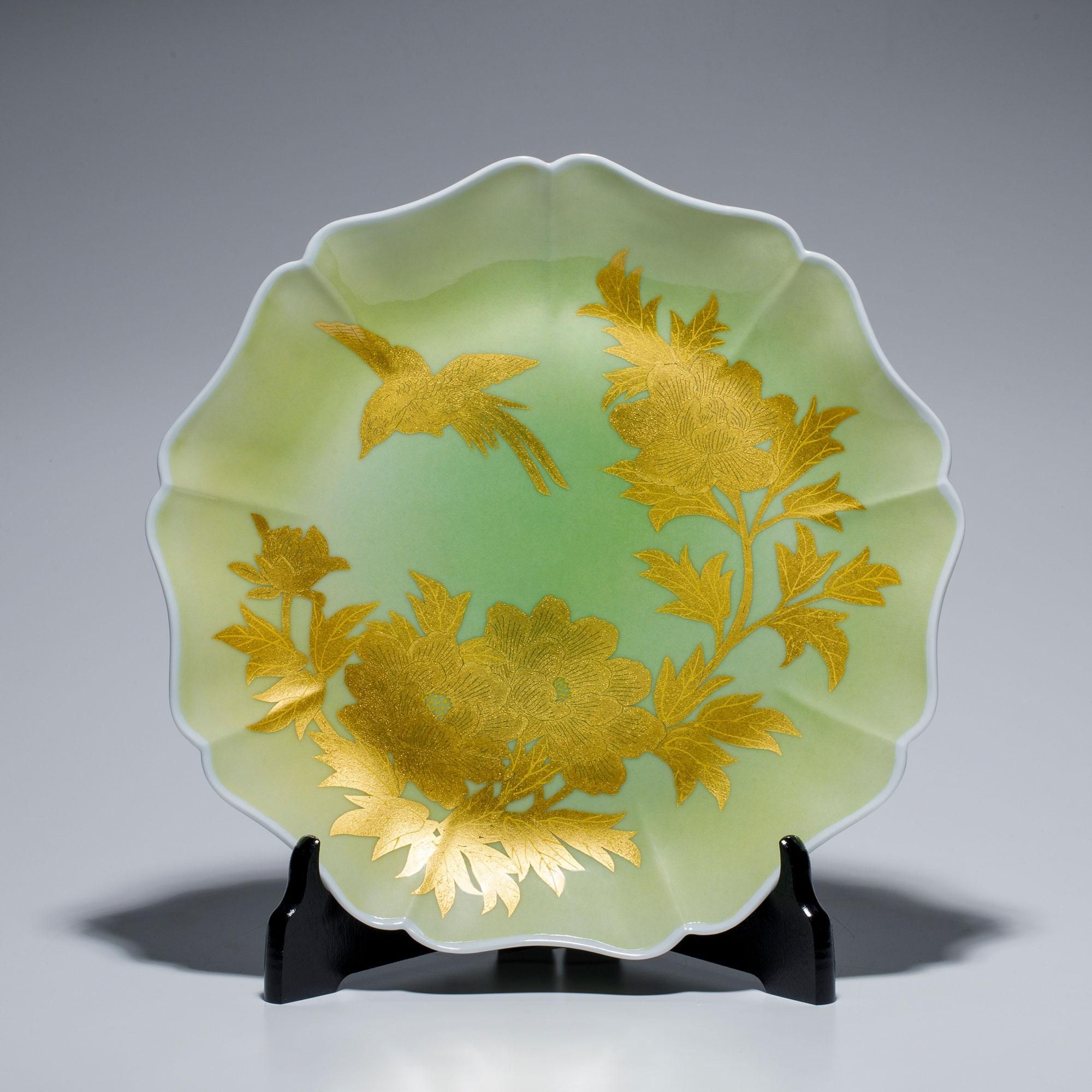 吉田美統 【釉裏金彩 耳付き 花瓶 椿文】約25cm 共箱 共布 陶歴付き Y9