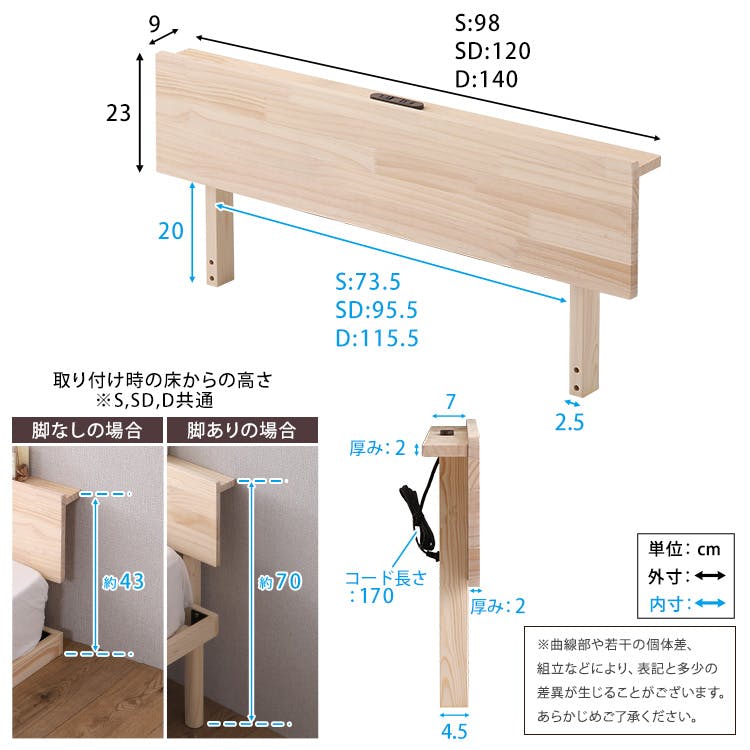 宮単品】パイン材高さ2段階調整脚付きすのこベッド用(シングル
